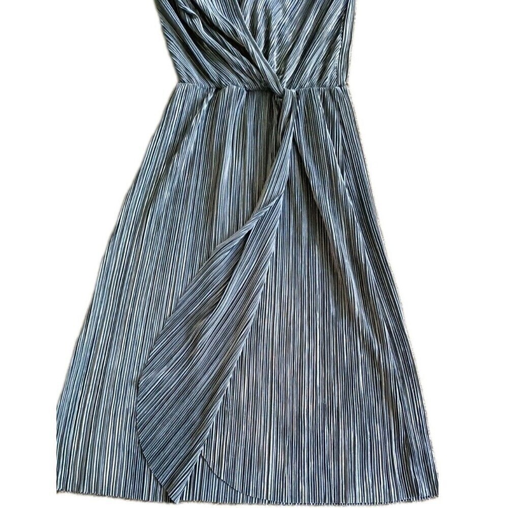 Vila Clothes Evening Dress Size 38 6/8 Metàllic Silver Tulip Wrap Crinkled Sheer - Picture 6 of 10